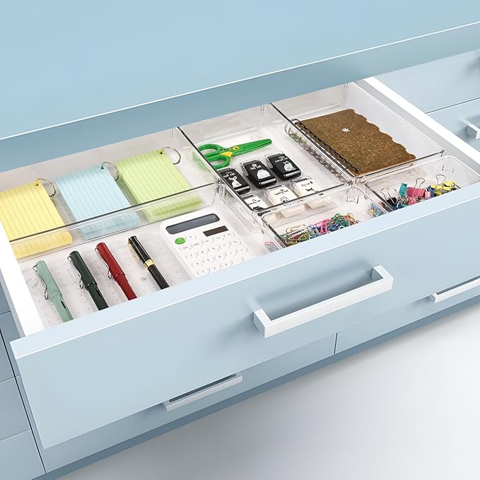 3 PCS Large Drawer Organizer, 3Sizes Plastic Versatile Desk Drawer Organizer Trays with Non-Slip Silicone Pads, Storage Bins for Makeup, Office, Kitchen Gadgets Utensils, Bedroom, Tools, Bathroom