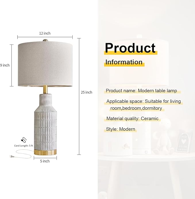 25" Table Lamps Set of 2 - Modern Bedside Lamps for Living Room - White Washed Ceramic Nightstand Lamps for Bedroom