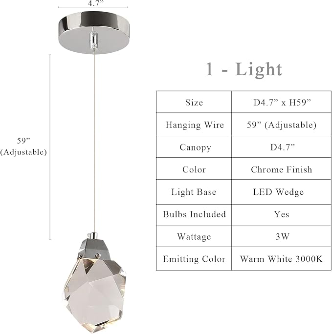 Modern Dimmable Pendant Light Fixtures, Single Crystal Hanging Lamp, Small Round Chrome Chandelier for Dining Room Living Room Bedroom Bathroom Kitchen Island (Round 1-Light)