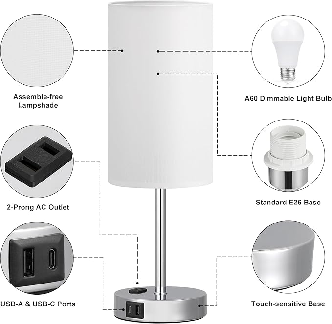 Touch Bedside Lamp - White, 3-Way Dimmable, USB A + C Charging, AC Outlet, 17.4inch Medium