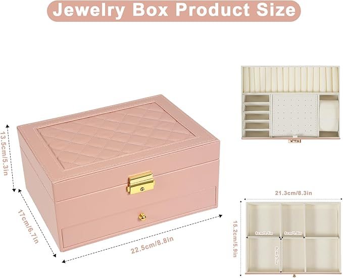 2-Layer Jewelry Box for women, jewelry organizers and storage with Removable Jewelry Tray, vintage quilted top Lockable Jewelry Holder Gift Idea Pink
