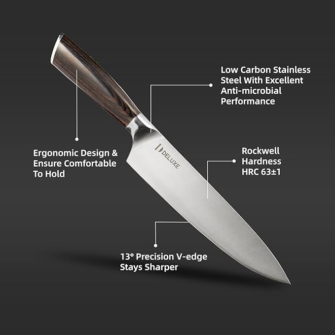 DELUXE 6 Pcs Kitchen Knife Sets, Powder Steel Forged Stainless Steel Knife Set with Block, Comes with Chef's, Santoku, Bread, Utility and Paring Knives, Ideal for All-Around Food Preparation