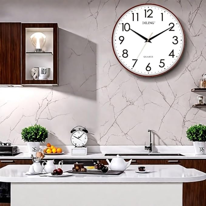 13 Inch Round Wall Clock Silent Non-Ticking Battery Operated Large Display Analog for Living Room Bedroom Study and Kitchen Decor (Red)