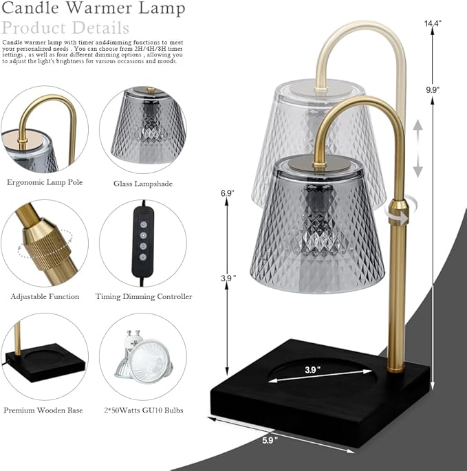 Candle Warmer Lamp: Adjustable Height, Dimmer, and On/Off Timer (8H/4H/2H) - an Elegant and Creative Gift, Fits Various Sizes of Scented Candles(Black)