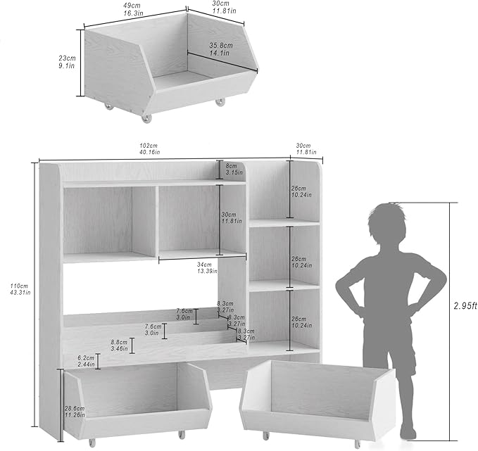 Bookshelf and Toy Storage Organizer, Toy Storage Cabinet for Boys and Girls, Muti-Functional Kids Display Bookcase and Storage Bin with Moveable Drawers, Children Toddler Kids Room