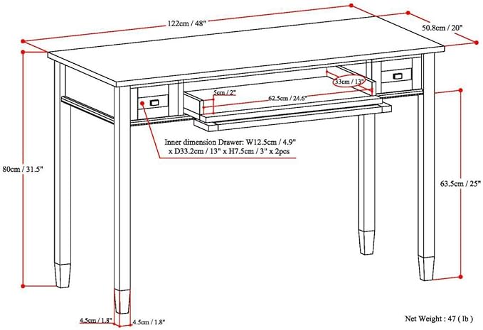 SIMPLIHOME Warm Shaker Desk - 48-Inch Wide Solid Wood Writing Desk in Hickory Brown, Transitional Home Office Computer Table for Workspace or Study with Flip-Down Keyboard Tray and 2 Drawers