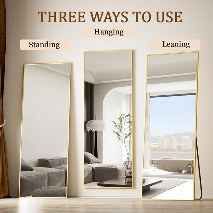 Koonmi 64"x21" Floor Mirror Full Length, Bedroom Floor Body Mirror with Stand, Gold Mirror, Leaning, Standing or Hanging Horizontally/Vertically