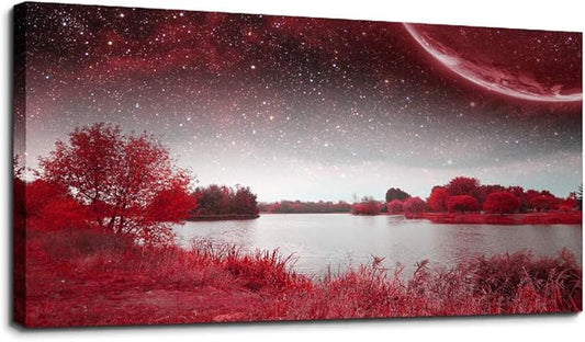 wall art for living room Red Lakes and trees under the starry sky red landscape painting office Wall Art Decor 20" x 40" single Pieces Canvas Prints Ready to Hang for Home Decoration Works For bedroom
