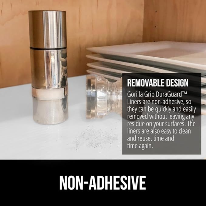 GORILLA GRIP DuraGuard Shelf Liner, Non-Adhesive Cabinet Liners for Kitchen Drawers, Shelves, Refrigerator, Pantry Storage, Bathroom Closet, Durable Waterproof BPA Free Ribbed Plastic, 12x20 White