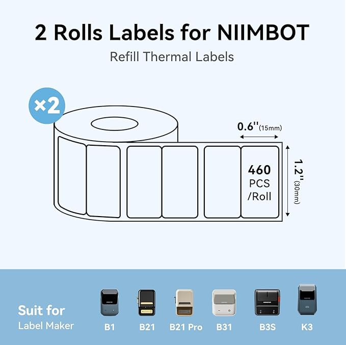 NIIMBOT Labels, 2 Rolls Refill Thermal Label for Label Maker B1/B21/B21Pro/B3S/B31/K3, Waterproof, Oil-Proof and Tear-Proof Sticker Labels, 1.2'' x 0.6''x2 (30x15mmx2) White