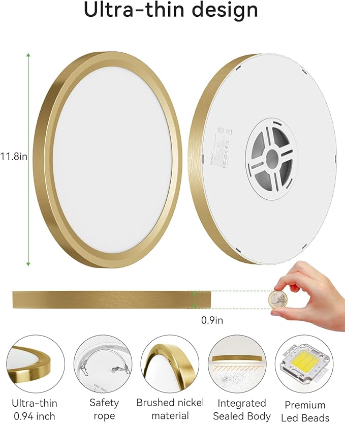 zemty LED Ceiling Light Golden - 12In 28W Aureate Flush Mount Ceiling Light, 3 Color Temperature 3000K/4500K/6000K - 3200lm Gilded Round Flat Light Fixture for Kitchen Bathroom Shower