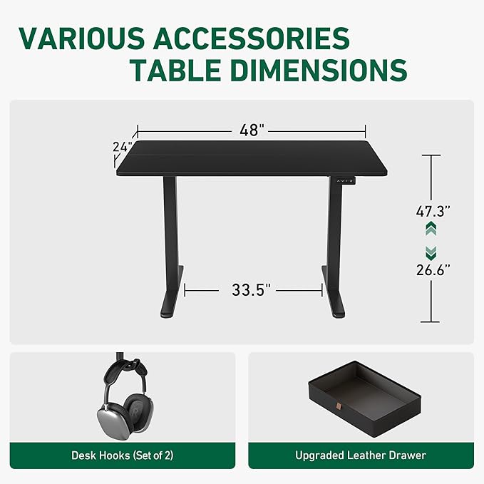 FEZIBO 48 x 24 Inches Standing Desk with Drawer, Adjustable Height Electric Stand up Desk with Storage, Sit Stand Home Office Desk, Ergonomic Computer Desk, Black