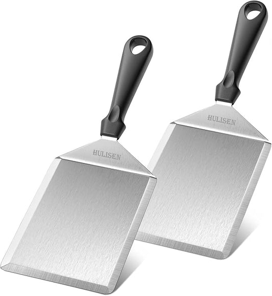 HULISEN Stainless Steel Spatula 2 pcs, 6 x 5 Inch Large Metal Spatula with Cutting Edges, Griddle Spatula for Smashed Burger, Essential Flat Top Grill Accessories, Grill Spatula for Outdoor Grill