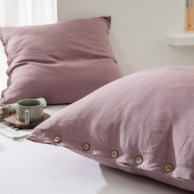 Simple&Opulence 100% Washed Linen Euro Sham Cover, 26 x 26 Inch, Decorative Bed Pillow Cover with Coconut Button, Solid Color Pillow Shams Set of 2 (Purple)