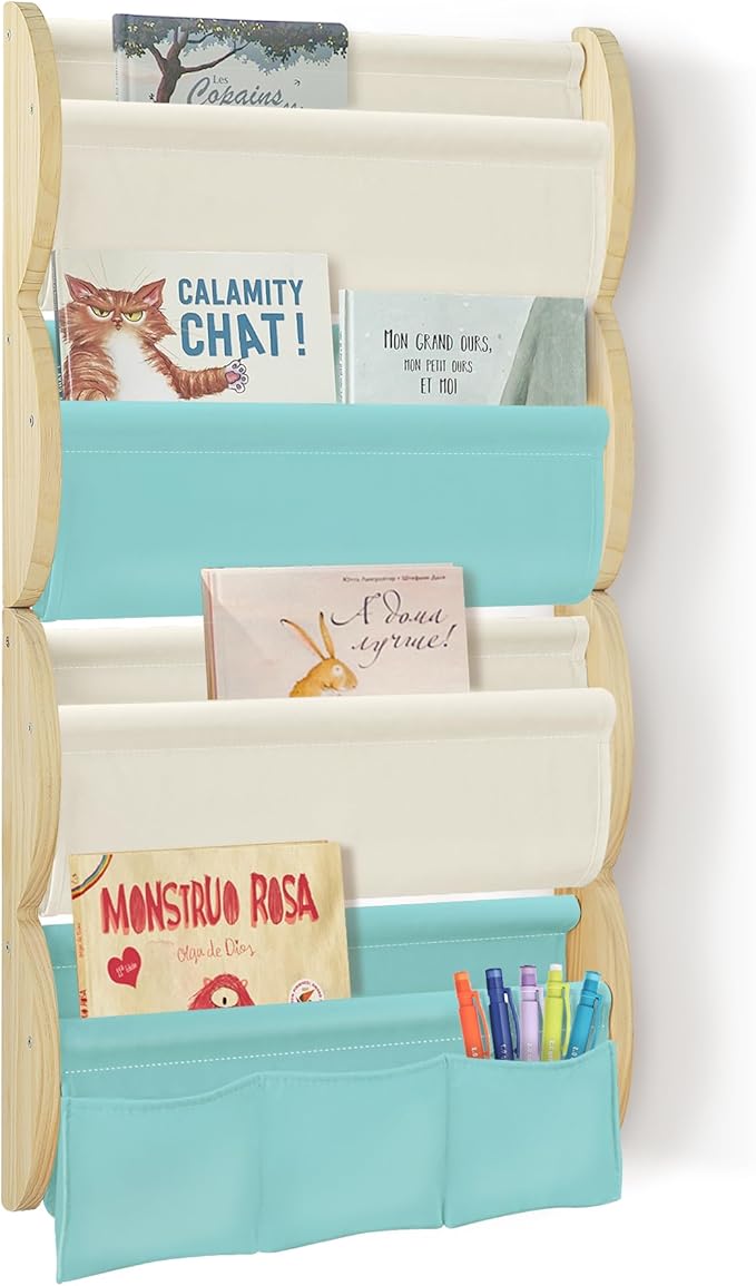 Wooden Wall Mounted Bookshelf for Kids Rooms, 4 Tier Floating Nursery Book Shelf, Kids Bookshelf with 2 Pockets, Toddler Sling Book Rack with Deep Sleeves (Blue)