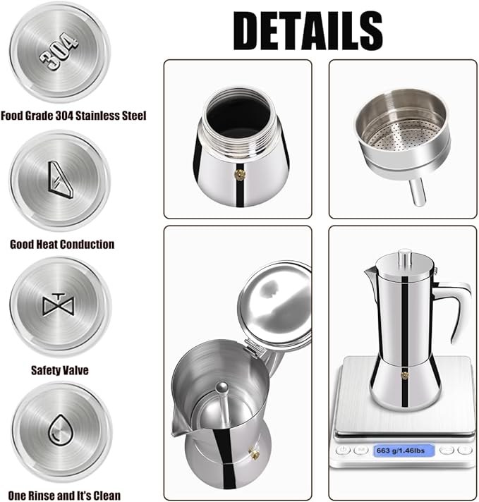 4 Cup Thickened 304 Stainless Steel Moka Pot Stovetop Espresso Maker Cafeteras Italian Percolator Espress Makers Capable Greca Mocha Coffee Machine for Induction Home and Camping 200ml 6.6oz