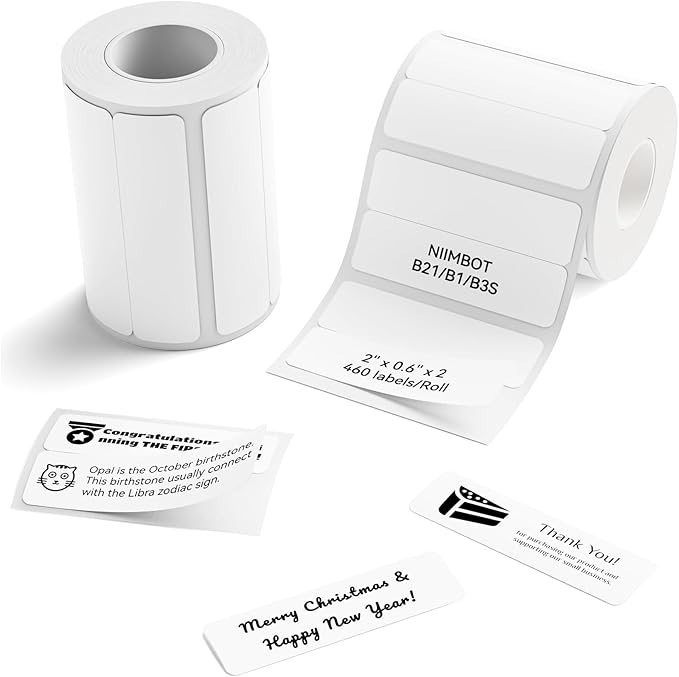 NIIMBOT Labels, 2 Rolls Refill Thermal Label for Label Maker B1/B21/B21Pro/B3S/B31/K3, Waterproof, Oil-Proof and Tear-Proof Sticker Labels, 2'' x 0.6''x2(50x15mmx2) White