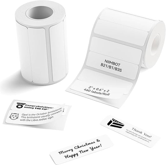 NIIMBOT Labels, 2 Rolls Refill Thermal Label for Label Maker B1/B21/B21Pro/B3S/B31/K3, Waterproof, Oil-Proof and Tear-Proof Sticker Labels, 2'' x 0.6''x2(50x15mmx2) White