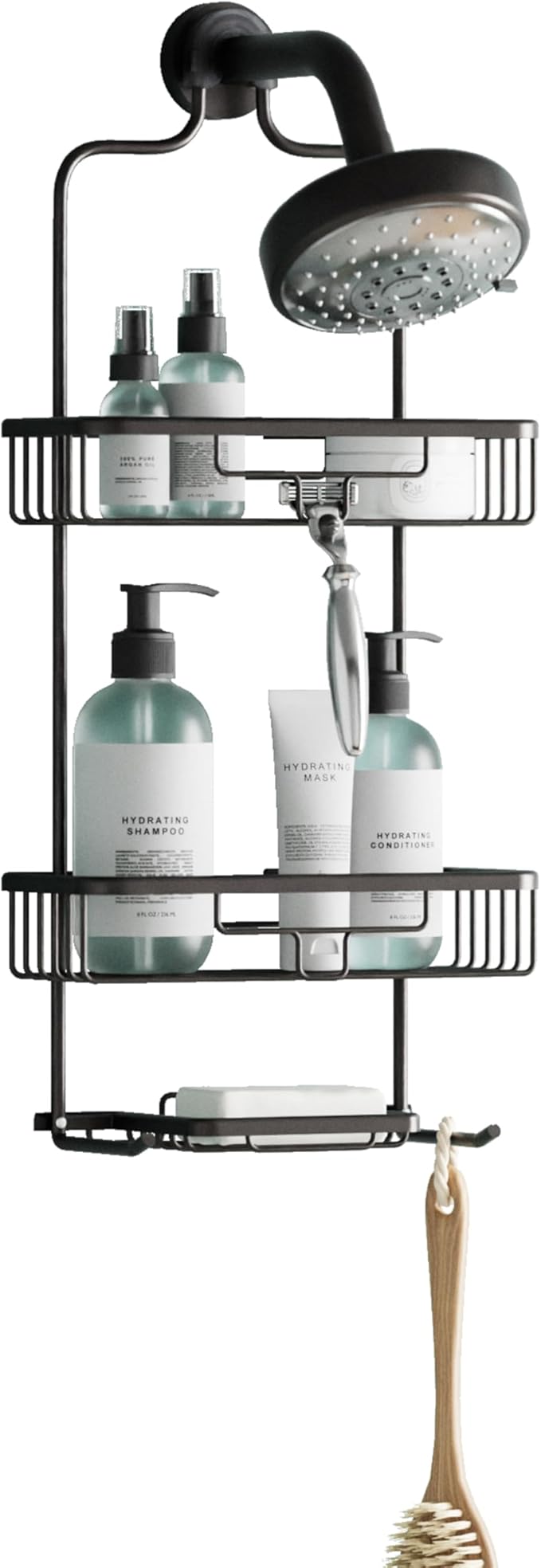 Zenna Home Rustproof Hanging Shower Caddy, Over the Shower Head Caddy with 2 Shelves and Built In Hooks, Aluminum Bathroom Hanging Organizer, Bronze