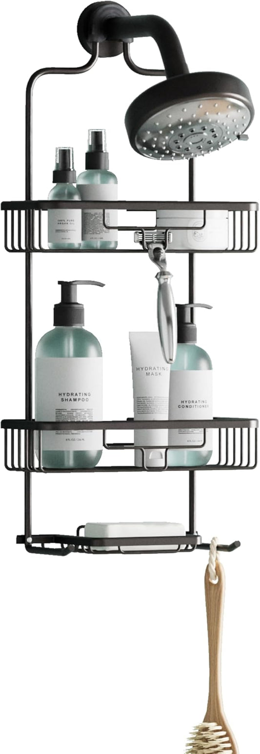 Zenna Home Rustproof Hanging Shower Caddy, Over the Shower Head Caddy with 2 Shelves and Built In Hooks, Aluminum Bathroom Hanging Organizer, Bronze