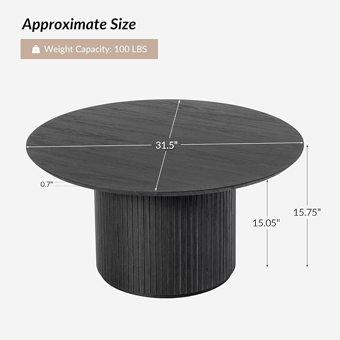 HULALA Home Round Coffee Table, Wood Coffee Table with Vertical Slat Base, Modern Coffee Table for Living Room and Lounge Room, Charcoal