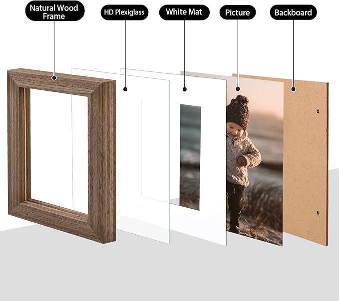 KINLINK A5 Picture Frame, Brown Solid Wood Frames with Acrylic Plexiglass for Pictures 4x6 with Mat or A5 without Mat, Tabletop and Wall Mounting Display 4 Pack