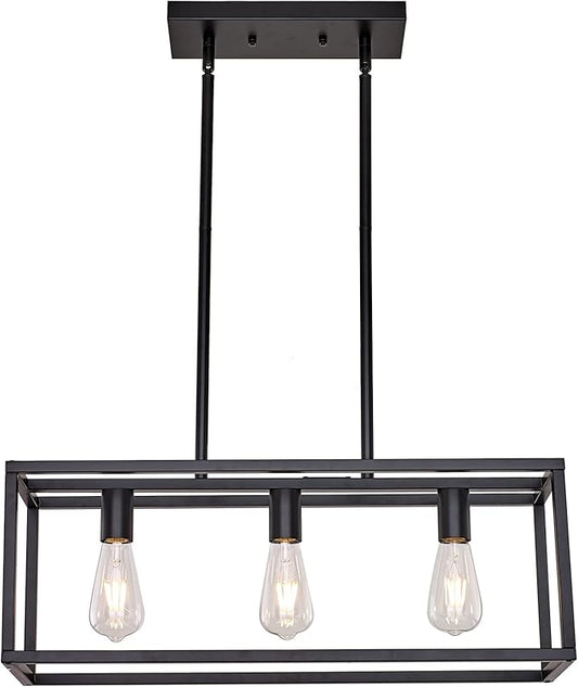 Farmhouse Rectangle Chandeliers for Dining Rooms, Modern Linear Hanging Light Fixture Matte Black 3-Light Industrial Pendant Lighting for Kitchen Island