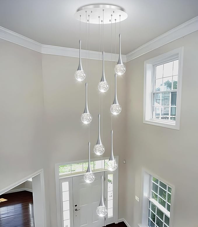 9 Light Modern Glam Crystal Chandelier for High Ceiling LED Dimmable Ceiling Pendant Light Staircase Foyer Enterway Living Room Chandelier Lighting Antique Silver
