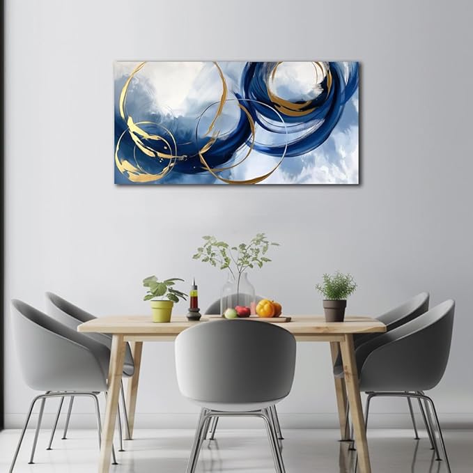 Abstract Wall Art Nave Blue Modern Canvas Pictures Art Print Gold Contemporary Artwork Painting Decor for Living Room Bedroom Home Office Decorations(20"x40")