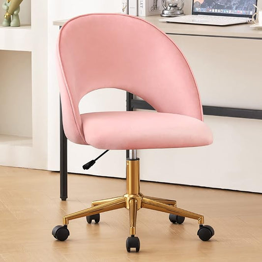 Furnimart Pink Armless Desk Chair, Swivel Velvet Vanity Chair with Gold Legs, Cute Task Chair with Wheels for Girls Living Room Bedroom Studying Small Splaces (Pink)