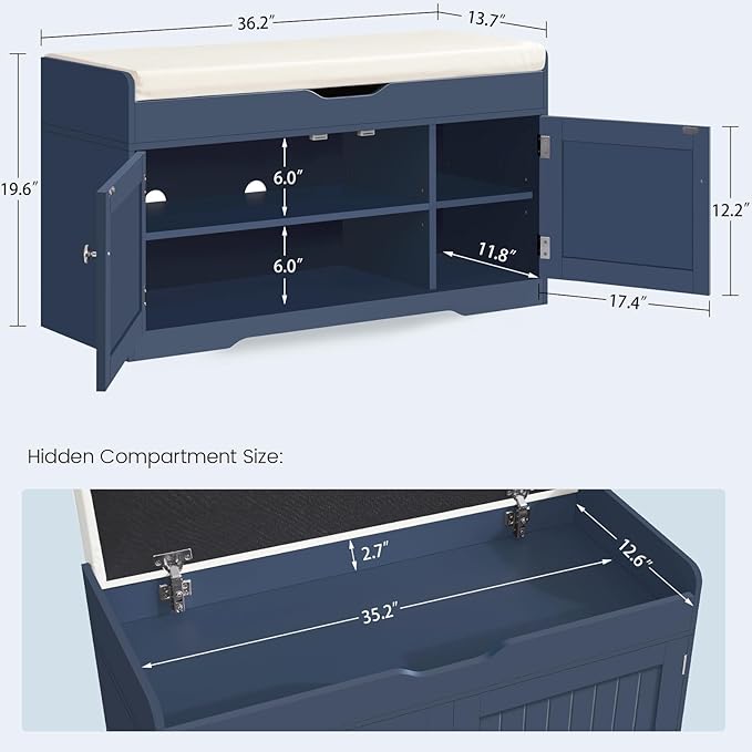 usikey Shoe Bench with Lift Top Storage, Storage Bench with Padded Seat Cushion, Entryway Bench with 2 Adjustable Shelves, for Entryway, Living Room, Bedroom, Blue