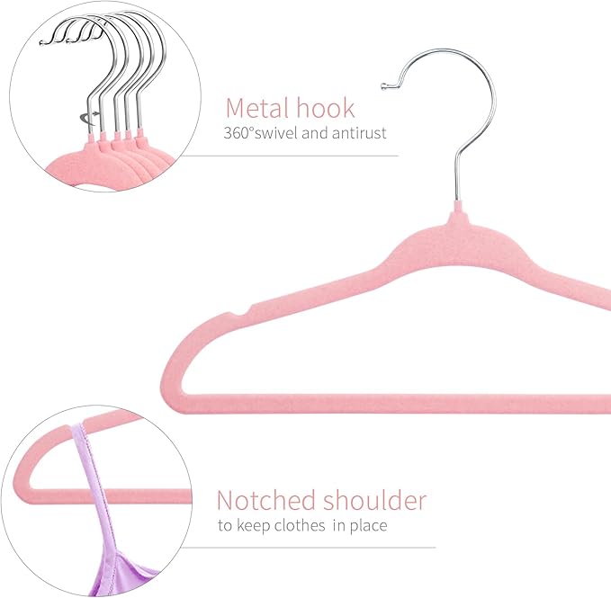 ManGotree Velvet Baby Clothes Hangers, Baby Toddler Kids Hangers with Swivel Hook, Notched Shoulder Design for Kids and Children Clothes (30 Pack, Pink)
