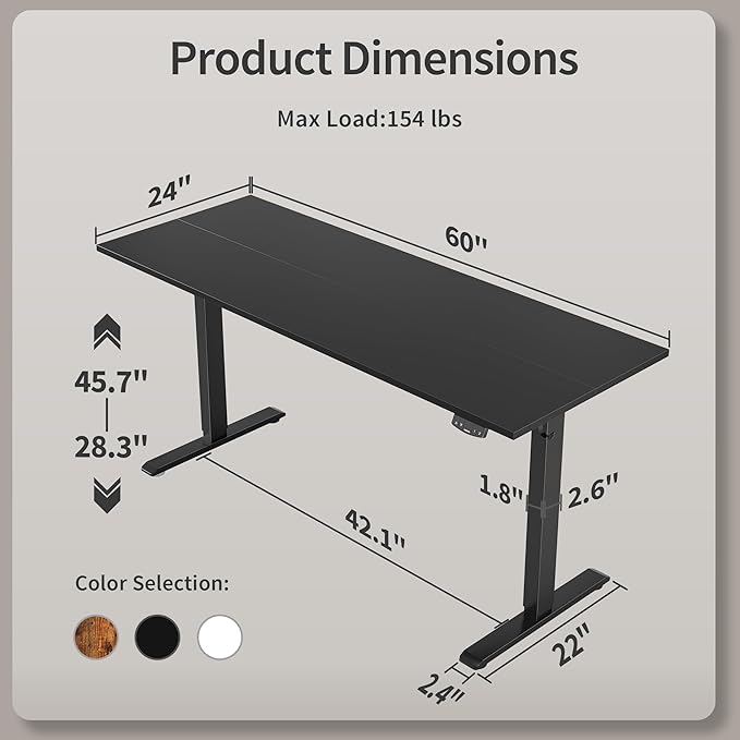 Agilestic Electric Standing Desk, Large 60 x 24 Inches Height Adjustable Desk, Sit Stand up for Work Office Home, Ergonomic Rising Gaming Computer Table with Memory Preset, Black