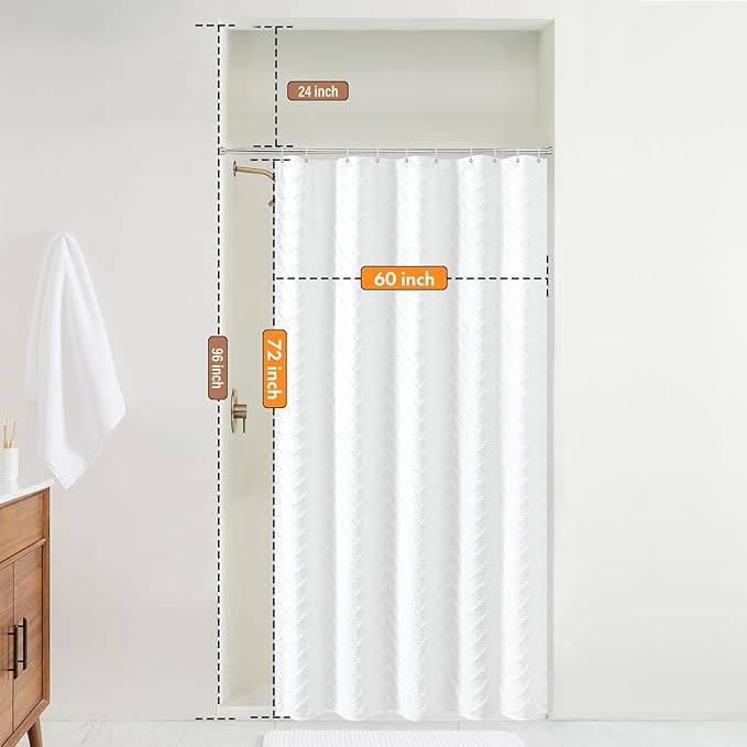 White Boho Fabric Shower Curtain 60 x 72 Modern Shabby Chic Textured Tufted Chevron Striped Minimalist Cloth Bathroom Shower Curtain