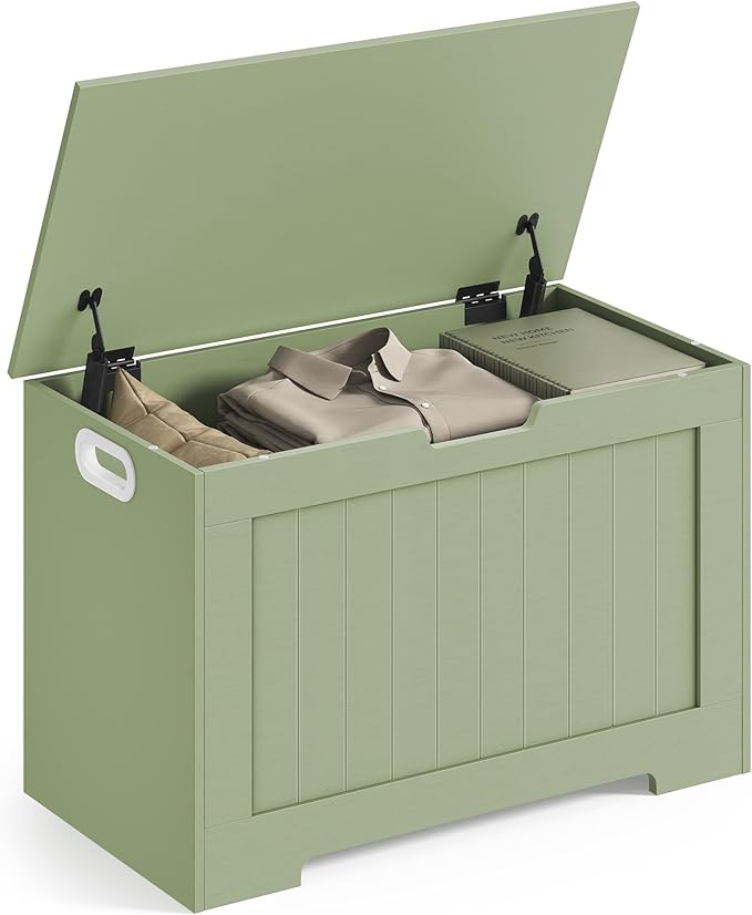 VASAGLE Storage Chest, 29.9 Inches Width Storage Bench, Entryway Bench with 2 Safety Hinges, Shoe Bench, Farmhouse Style, for Entryway, Bedroom, Living Room, Laurel Green ULHS011C01