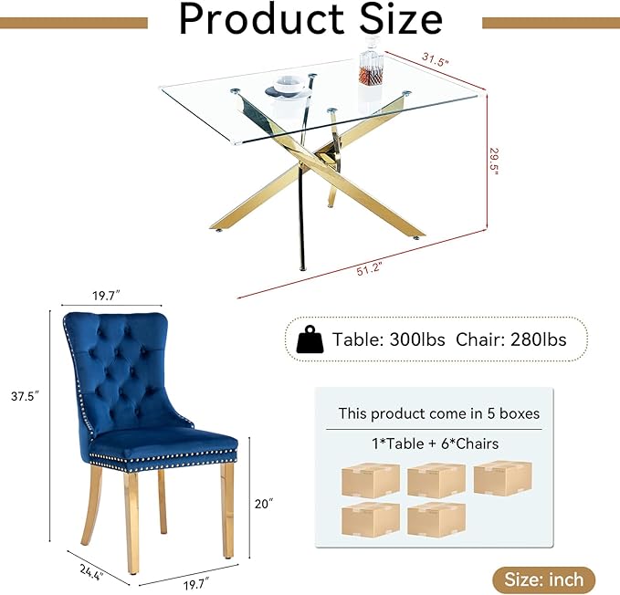 Goujxcy 51" Glass Dining Table Set for 6, Modern Kitchen Table and Chairs Set w/Steel Legs, 7-Piece Dining Table Set w/Glass Gold Dining Table and 6 Blue Velvet Chairs for Kitchen Dining Room