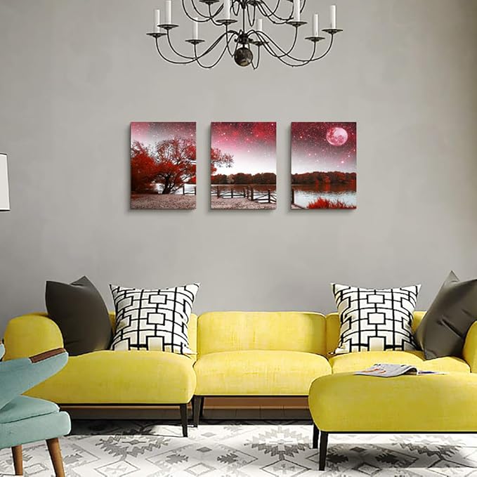 Wall Art Decor Poster Living Room abstract Red Tree Moon Starry Sky red Landscape Painting Bathroom Wall Art Bedroom Canvas Prints 3 Pieces Picture Works Ready to Hang Office Home decoration Artwork