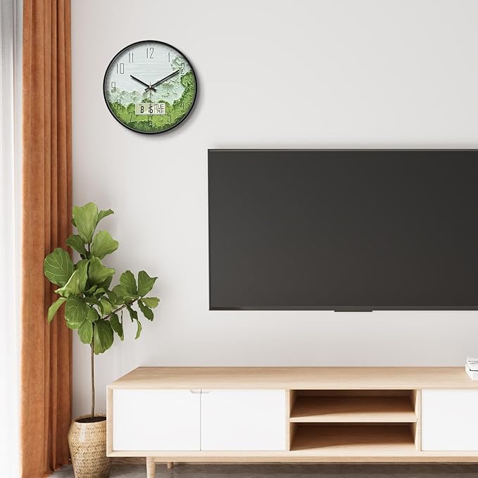Modern Wall Clock with Temperature Green Forest Large Display Non-Ticking Battery Operated Clock with Date and Week for Kitchen Bedroom Living Room Farmhouse Decor 12 Inch
