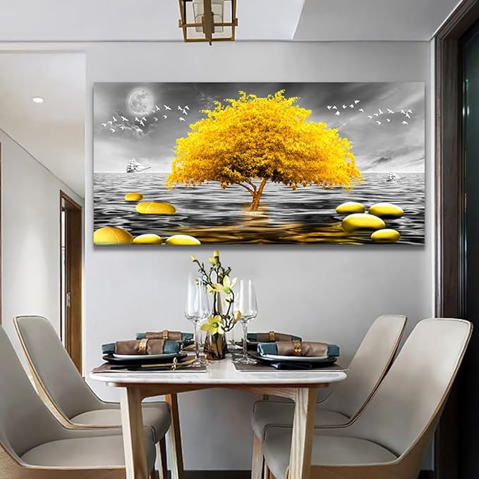 Wapluam Wall Decor For Living Room Large Canvas Wall Art For Office Modern Bedroom Wall Decorations Black And White View Wall Painting Yellow Tree Pictures Artwork For Walls Room Home Decor 48X24in