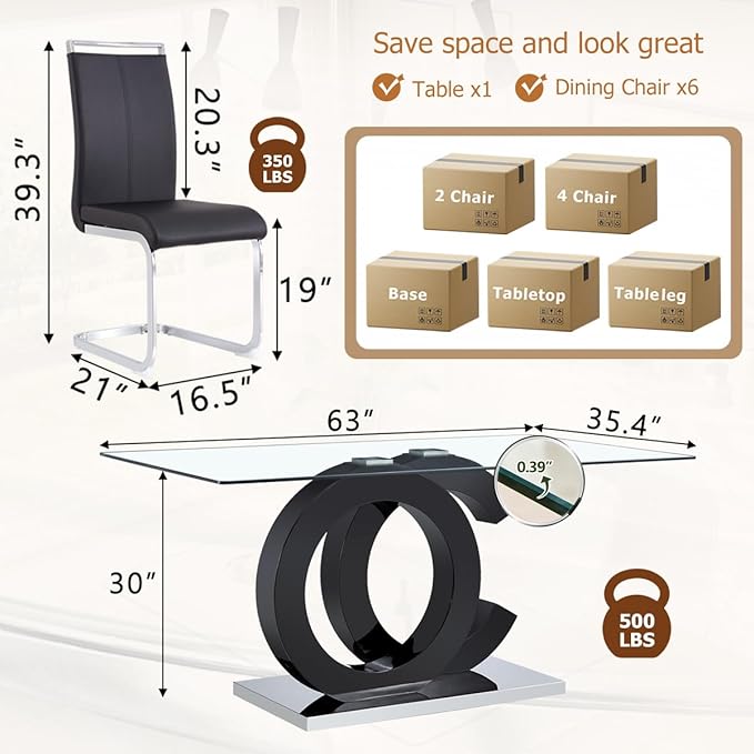 63'' Glass Dining Table Set for 6, Kitchen Table Chairs Set of 6, Clear Glass Dining Table with Black unique design Leg and Silver Metal Base, 6 PU Dining Chairs with Metal Legs, Living Room, Kitchen.