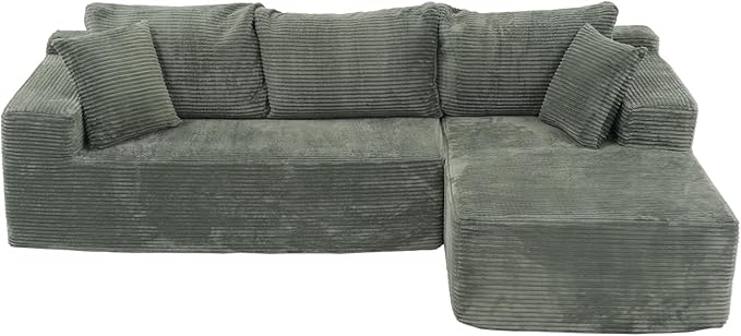OC Orange-Casual 106.3" Cloud Sectional Couch with L-Shape Chaise,No Assembly Required Modular Sofa,Upholstered Boneless Couches for Living Room, Plush Corduroy Fabric (Green, Right Facing Chaise)
