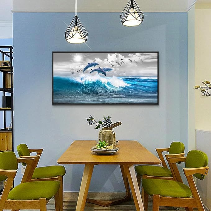 Wapluam Black Framed Wall Decor For Living Room Large Wall Art For Bedroom Blue Waves Of The Sea Wall Pictures Artwork Modern Office Canvas Art Print Dolphins Wall Paintings Ready To Hang 20 X 40