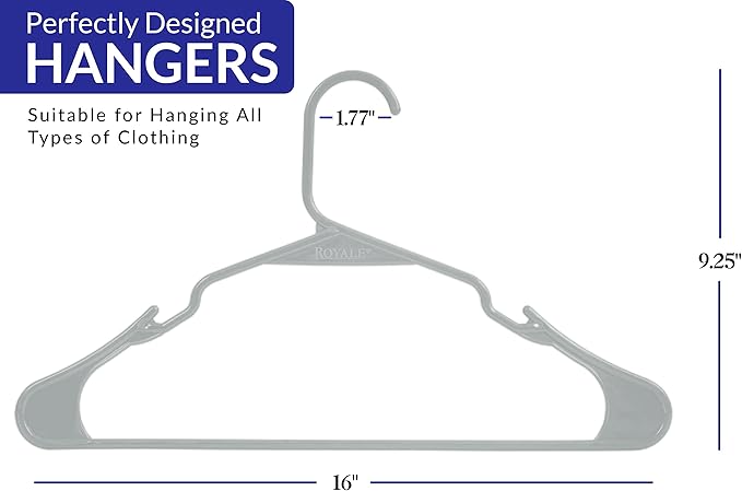Royale Linens 60 Pack Grey Plastic Hangers for Clothes - Heavy Duty Clothes Hanger for Everyday Use - Lightweight & Space Saving Notched Plastic Hangers