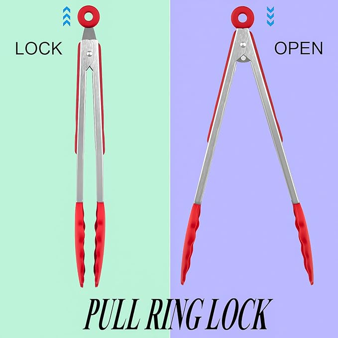 HST 3 Pack Kitchen Tongs, Non Stick Stainless Steel 9 Inch Tongs With Silicone Tip for Cooking BBQ Baking(Red)