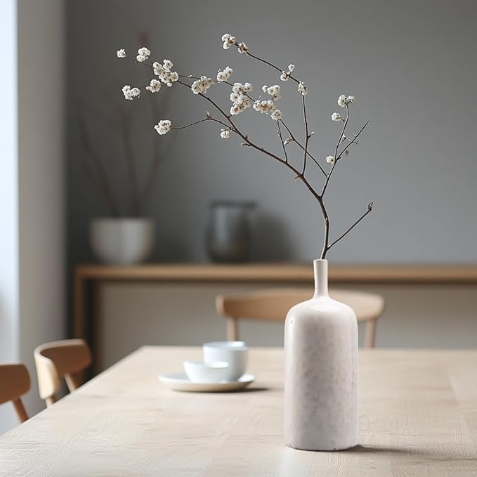 White Ceramic Vase Home Decorations - Modern Vase with Long Neck, Reactive Glazee White Vases for Flower, Flower Arrangement Spring Decorations for Home 4.5 x 4.5 x 9.5 Inch Cynkeyee