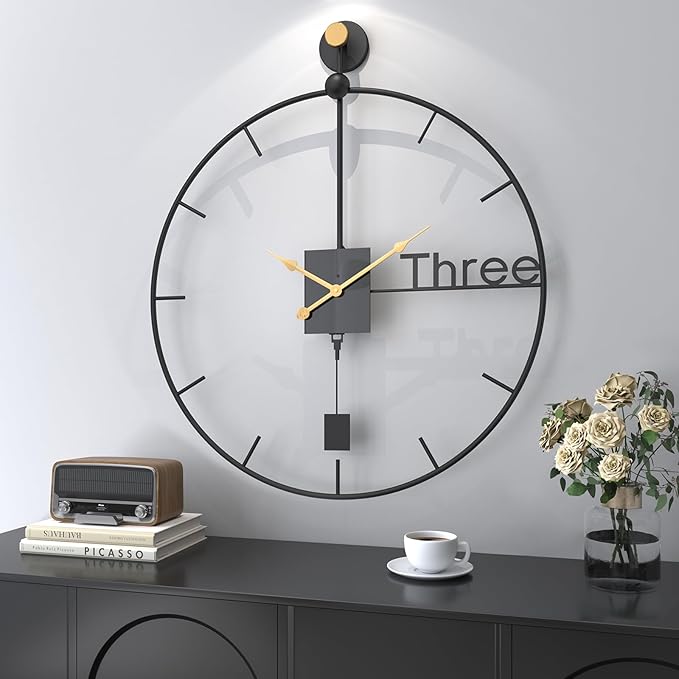 30 inch Wall Clock Large Modern Battery Operated Wall Clock with Swing Pendulum, Silent Non-Ticking Metal Clock for Living Room Decor, Decorative Hanging Clock for Bedroom, Office, Kitchen, Home