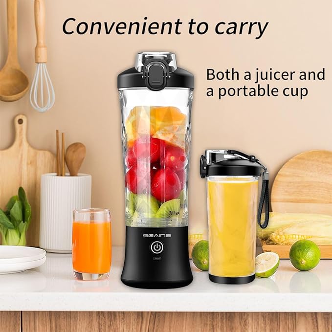 Portable Blender with 20 Oz Travel Cup, 6 Blades, USB Rechargeable for Shakes, Smoothies, Gym, Kitchen and Outdoors (Black)