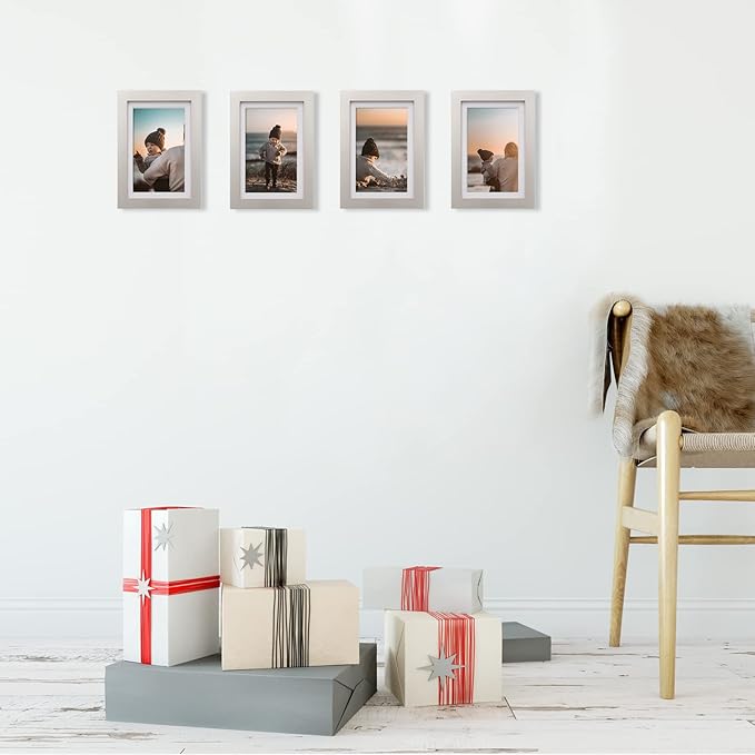 KINLINK 4x6 Picture Frame Light Grey, Solid Wood Frames with Acrylic Plexiglass for Pictures 3.5x5 with Mat or 4x6 without Mat, Tabletop and Wall Display Photo Frame, Set of 4