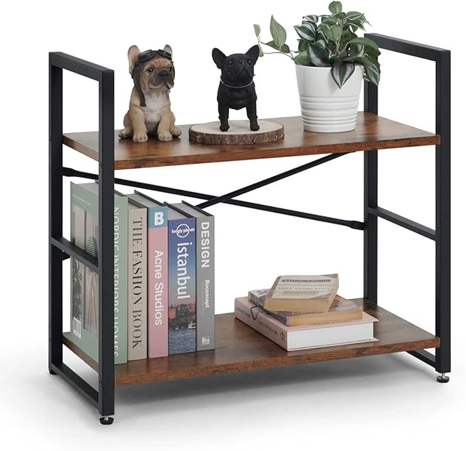CAPHAUS 2 Tier Small Bookshelf, 24 Inch Width Free Standing Shelf, Bookcase Shelf Storage Organizer, Industrial Book Shelves for Home Office, Living Room, Rustic Oak Vintage Shelves & Metal Frame
