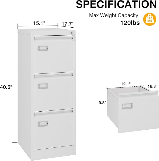 3 Drawer File Cabinet with Lock, Metal Filing Cabinets, Vertical Small Filing Cabinet Steel Lockable Storage Cabinets for Home Office to Organization Hanging Letter/Legal/F4/A4
